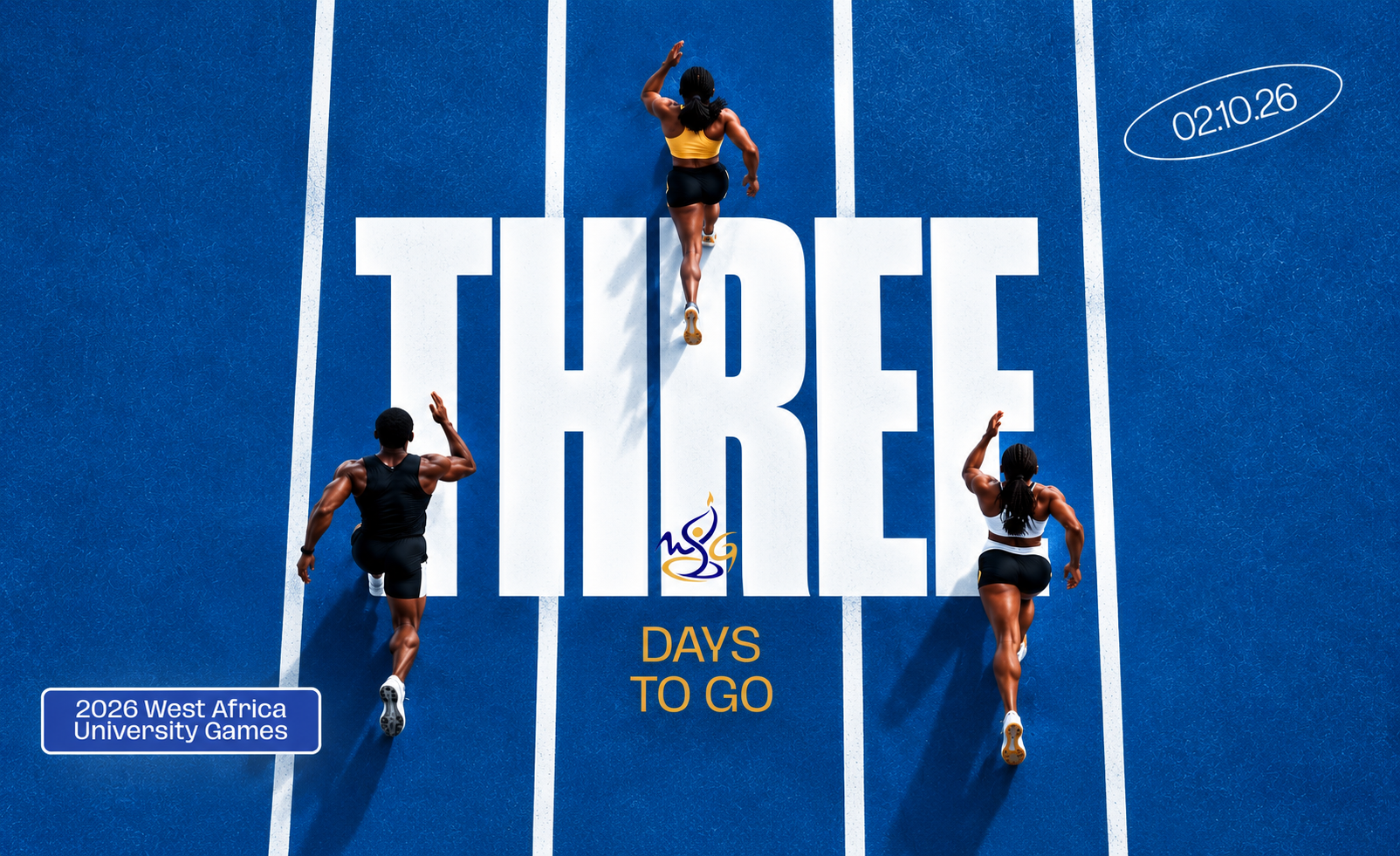 Three days to go: athletes running on a blue track for the 2026 West Africa University Games, 2 October 2026.